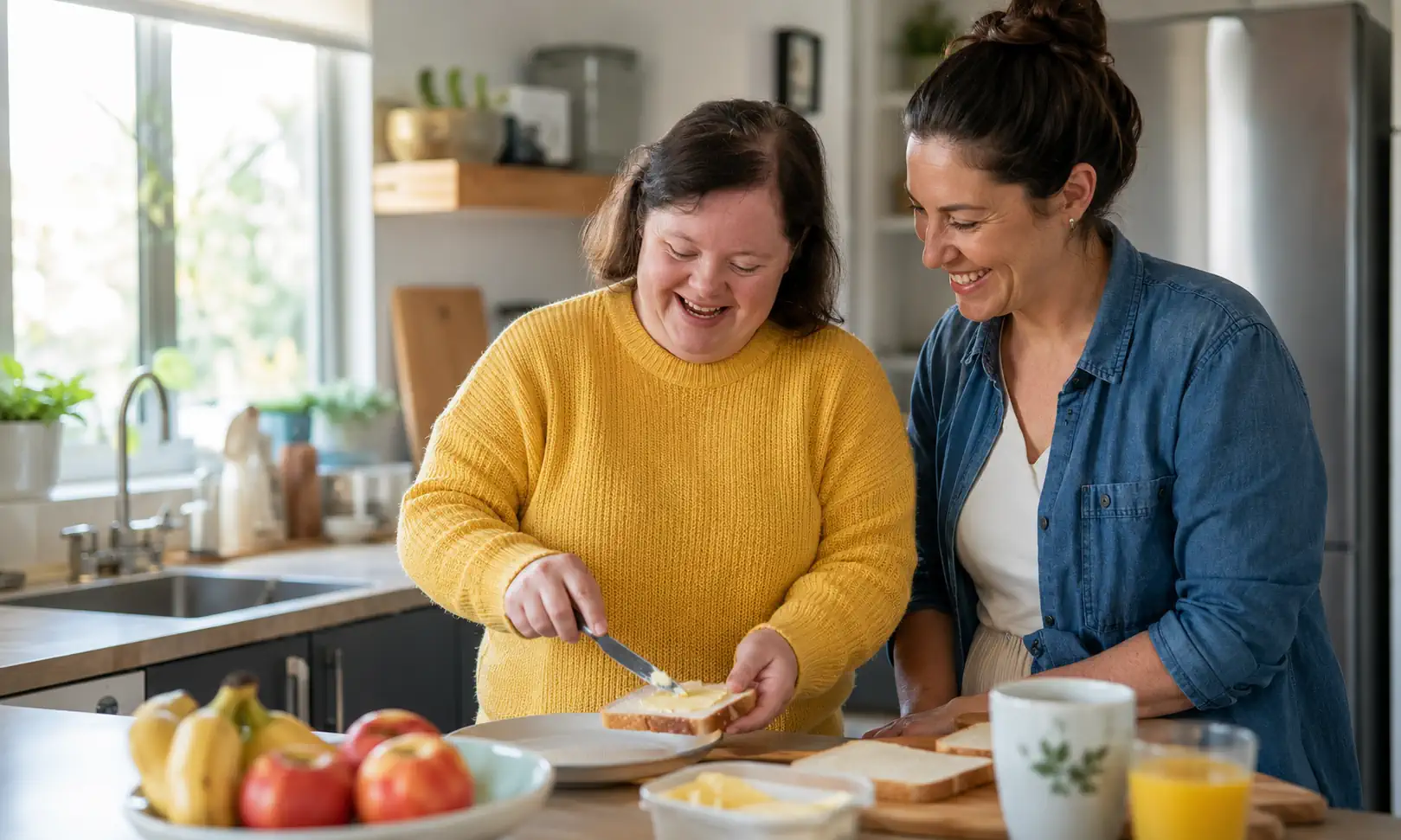 NDIS support worker assisting a participant with daily personal activities in a Melbourne home, promoting independence and everyday living skills.